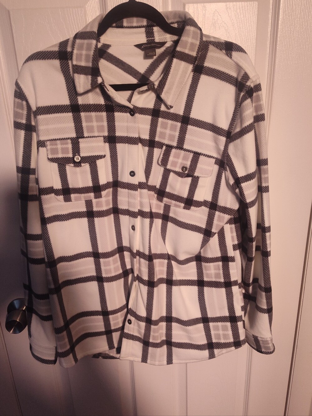 Eddie Bauer White, Black and Gray Plaid Button-Down Shirt